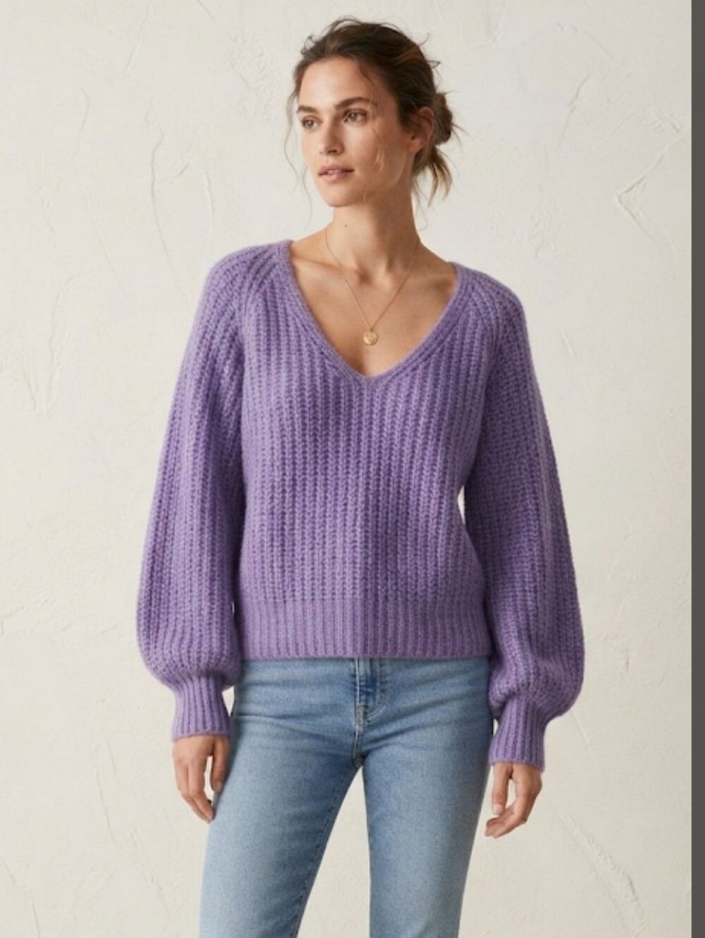 Mango Lavender Deep V-neck Raglan Balloon Sleeve Chunky Knit Sweater Size Medium